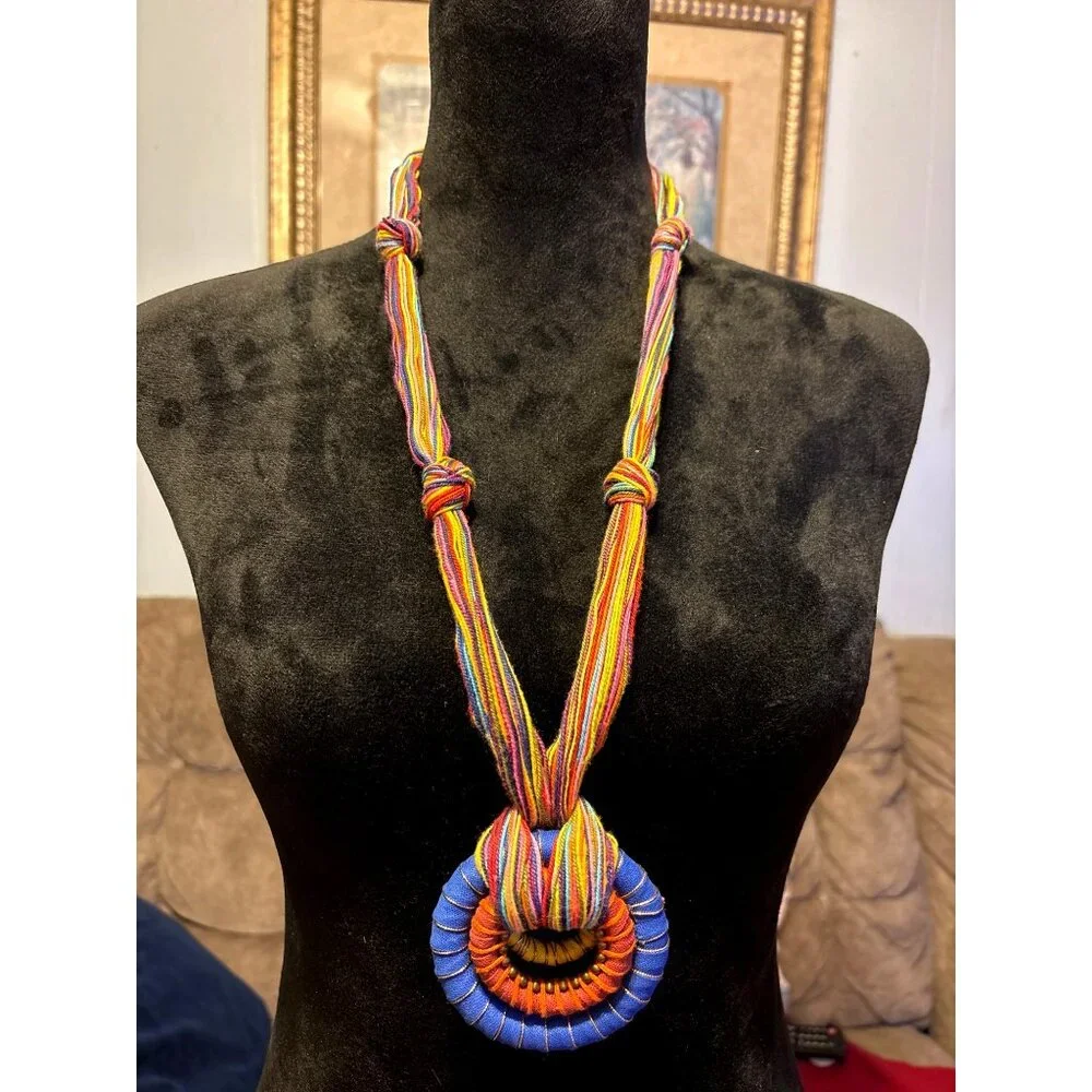 Handcrafted Rainbow Colors Statement Necklace Circular Pendant Boho Hippie Artsy